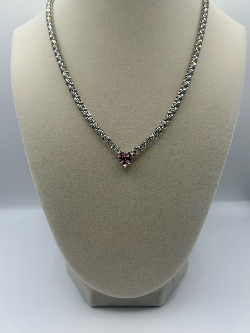 Silver Tennis Necklace with Pink Heart Pendant - Women's Jewelry